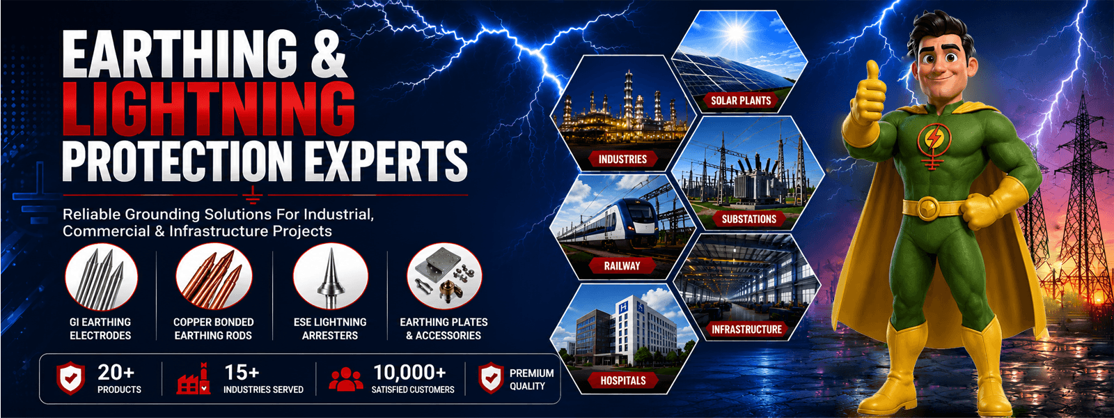 Earthing And Lightning Protection Solutions, Gi (Galvanised Iron) Earthing Electrodes, Copper Bonded Earthing Rods, Advance Earth Fill Compound, Gi (Galvanised Iron) Earthing Plates With Pipe And Funnel, Copper Earthing Plates, Frp (Fiber Reinforced Plastic) Round Earthing Pit Covers, Solar Dc (Direct Current) Cables