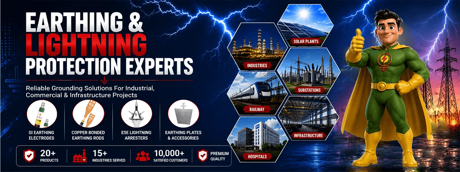 Earthing And Lightning Protection Solutions, Gi (Galvanised Iron) Earthing Electrodes, Copper Bonded Earthing Rods, Advance Earth Fill Compound, Gi (Galvanised Iron) Earthing Plates With Pipe And Funnel, Copper Earthing Plates, Frp (Fiber Reinforced Plastic) Round Earthing Pit Covers, Solar Dc (Direct Current) Cables
