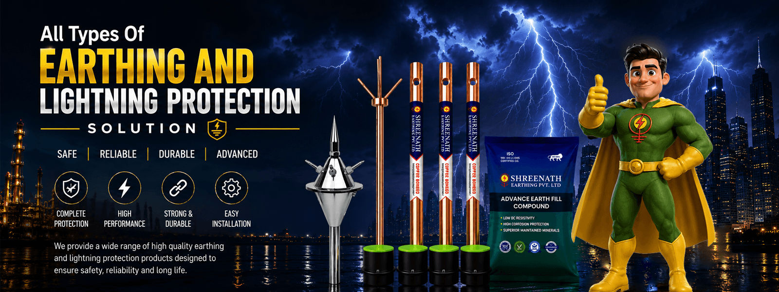 Conventional Lightning Arrester (La) Insulated Base Plates, Copper Bonded Earthing Electrodes, Pure Copper Earthing Electrodes