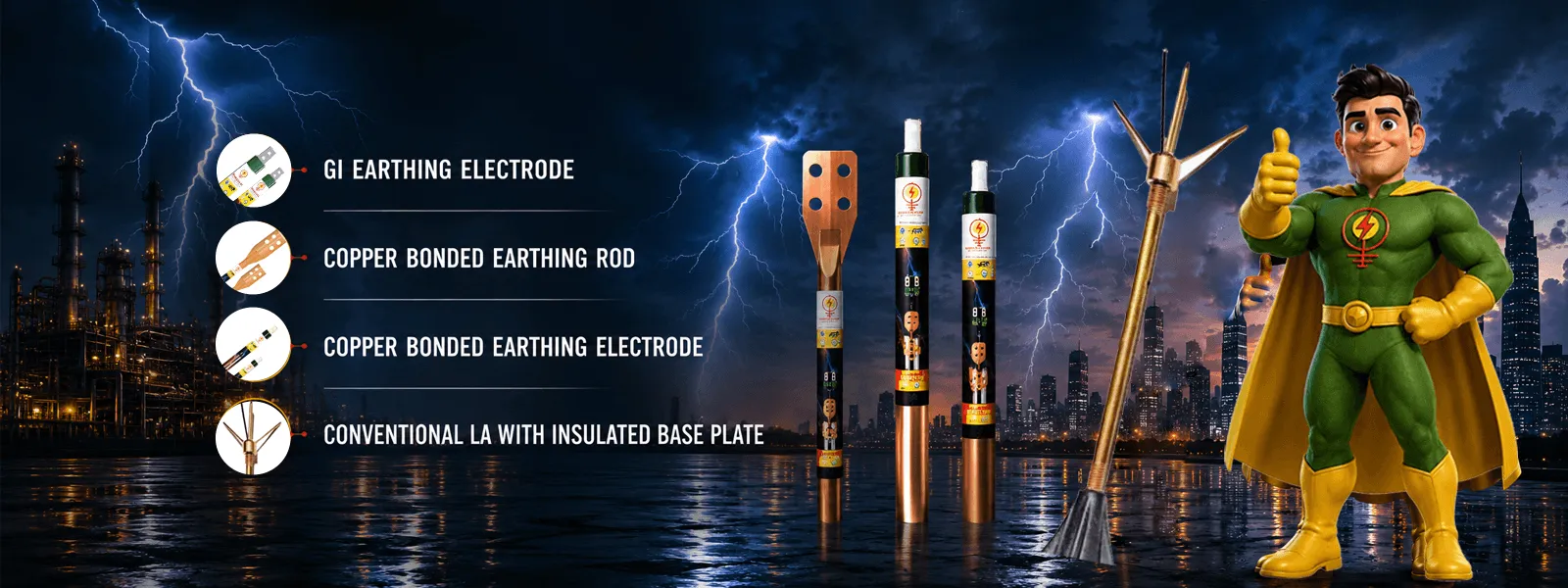 Ese (Early Streamer Emission) Lightning Arresters, Gi (Galvanized Iron) Earthing Strips, Copper Strips, Frp (Fiber Reinforced Plastic) Square Earthing Pit Covers, Aluminium Cables.
